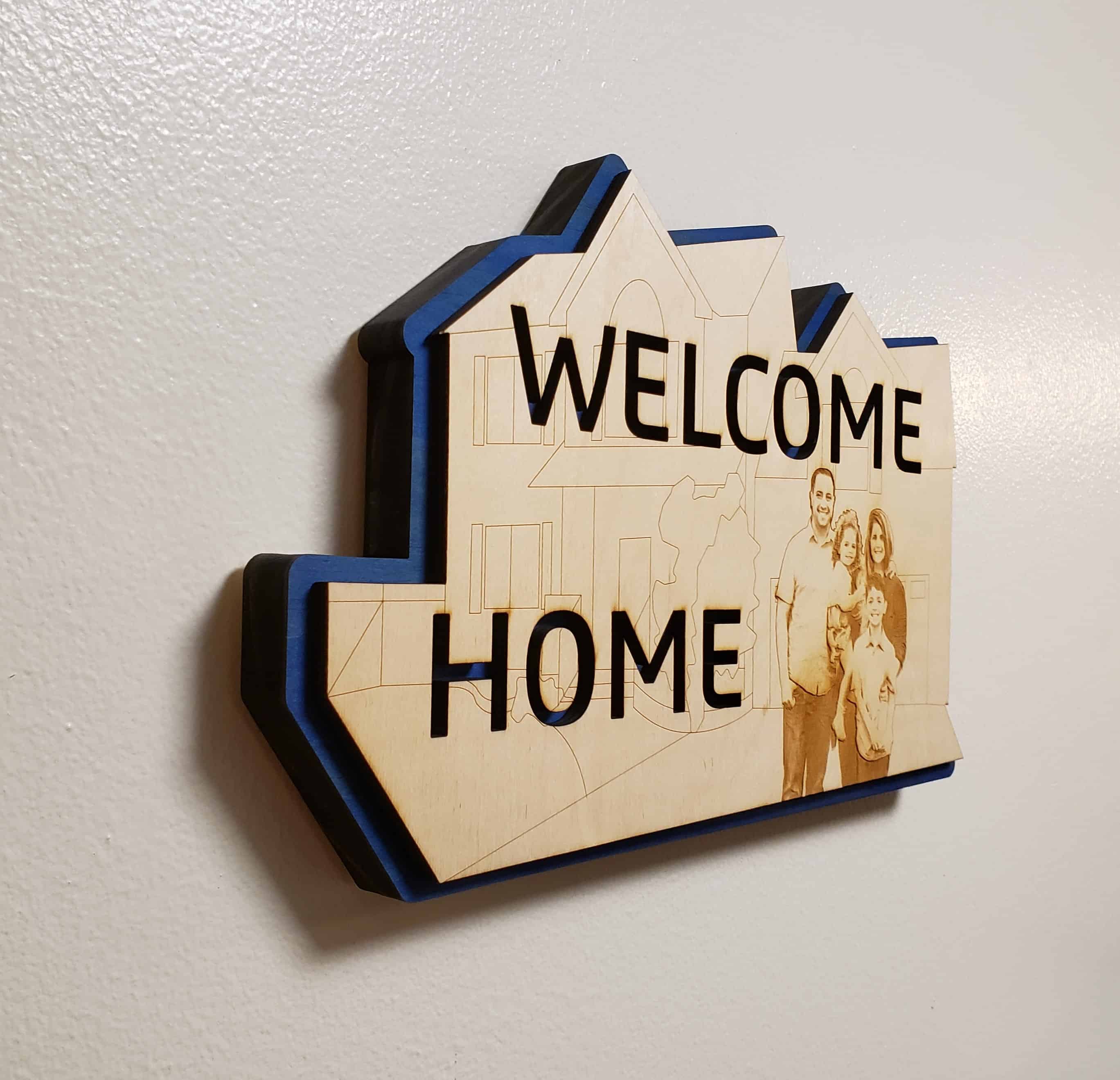 Blue Welcome Home Plaque on Wall Left angle