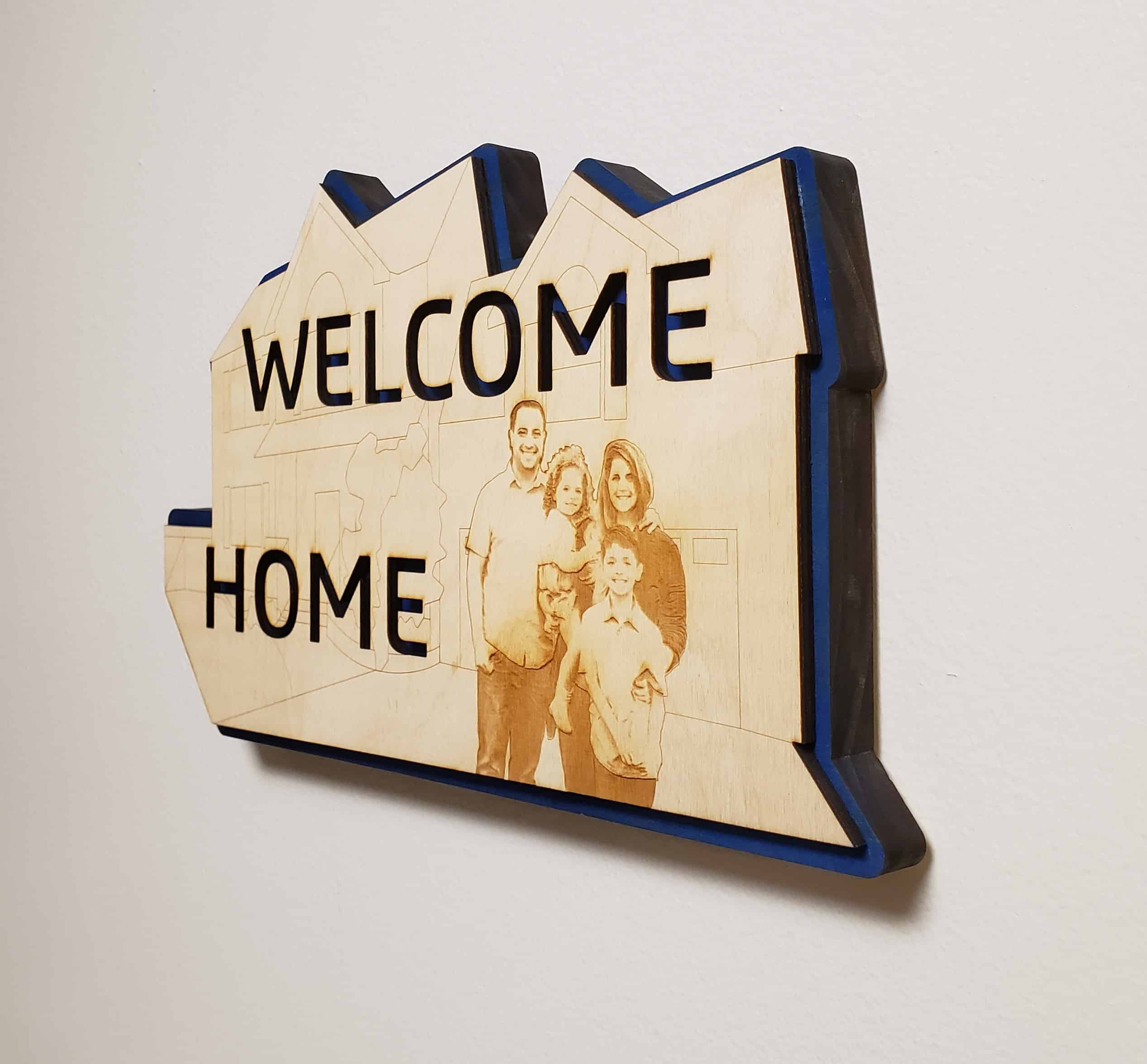 Blue Welcome Home Plaque on Wall Right angle
